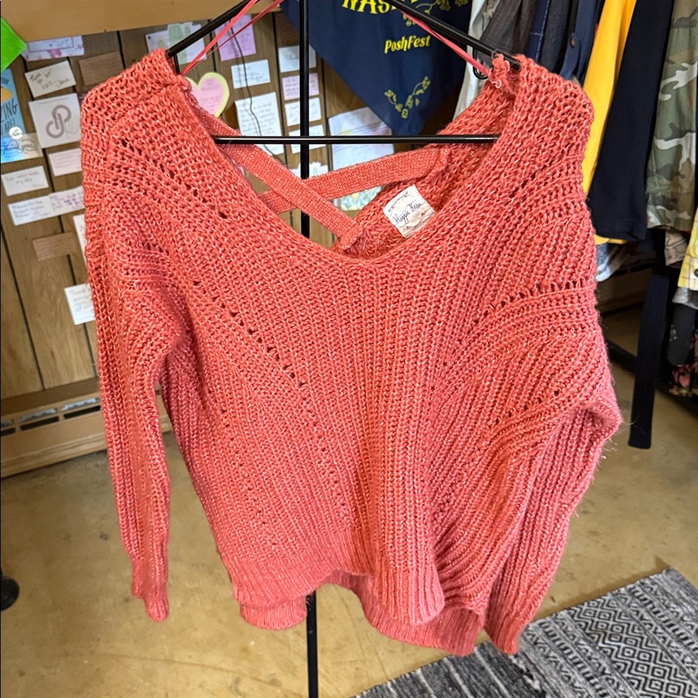 Hippie Rose Coral Open-Knit V-Neck Sweater